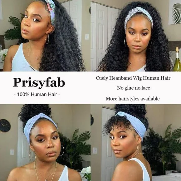 Curly Human Hair Headband Wig 20Inch Glueless Tangle-Free Natural Color